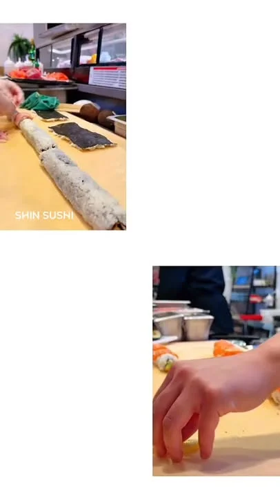 A sushi chef preparing a sushi roll on a wooden surface, showcasing the process of rolling sushi with various ingredients.