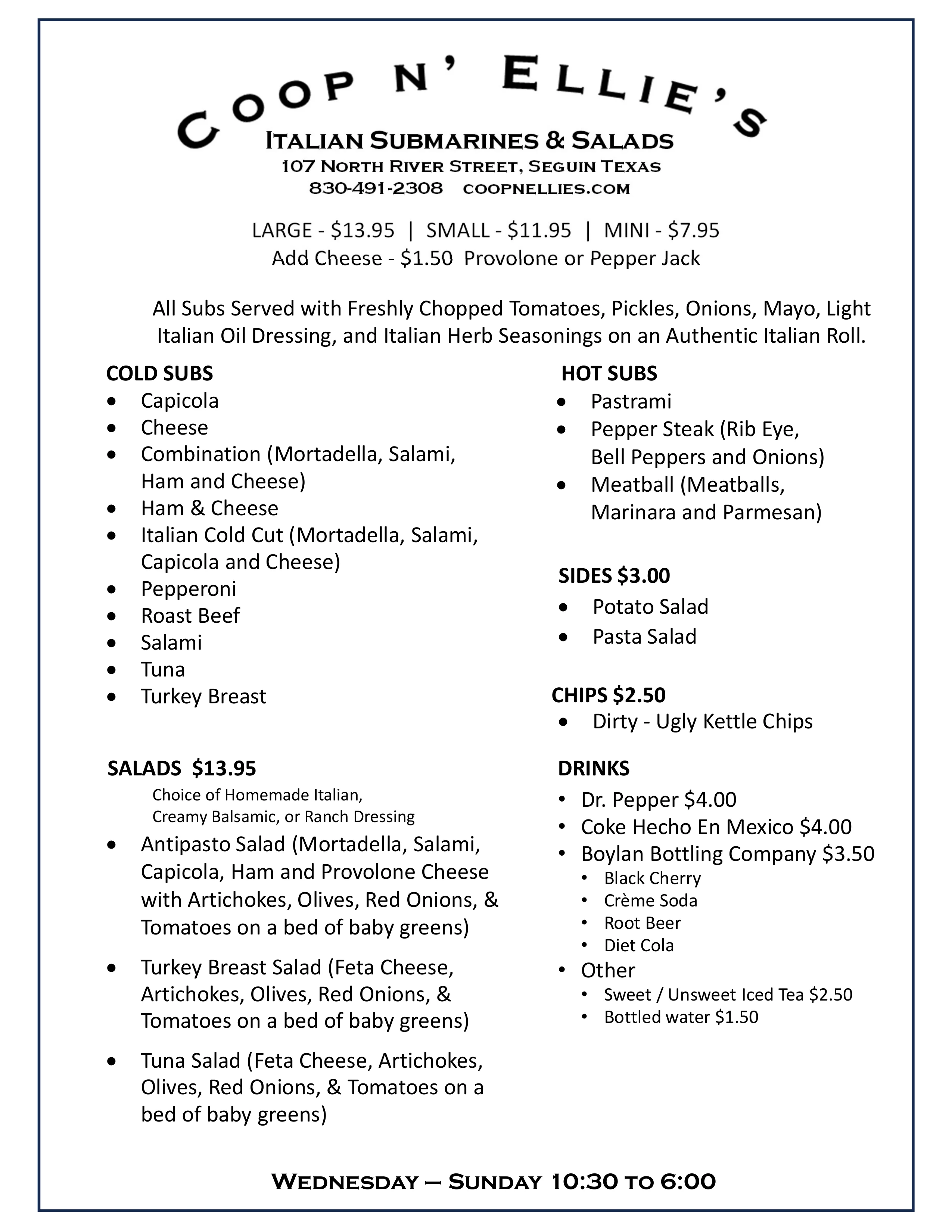 Italian submarine sandwich menu featuring cold and hot subs