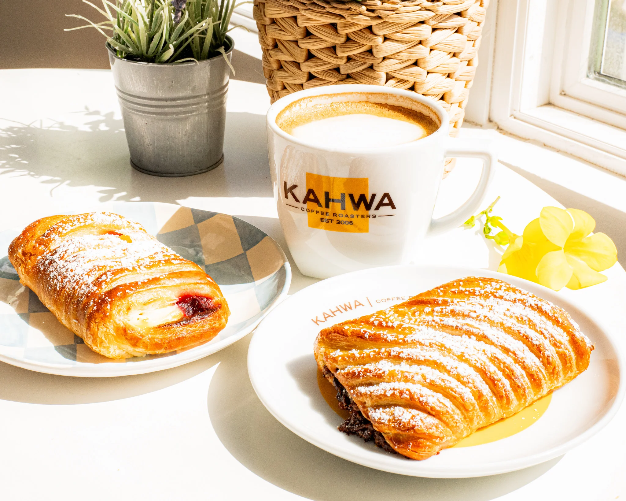 Freshly baked Danish pastries with coffee at a cozy café