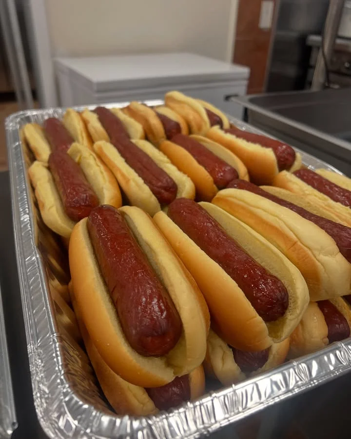 Classic American hot dogs in soft buns
