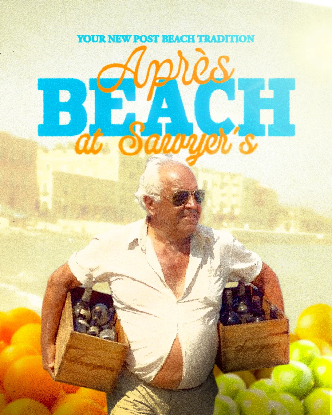 Man carrying crates of drinks at a beachside restaurant