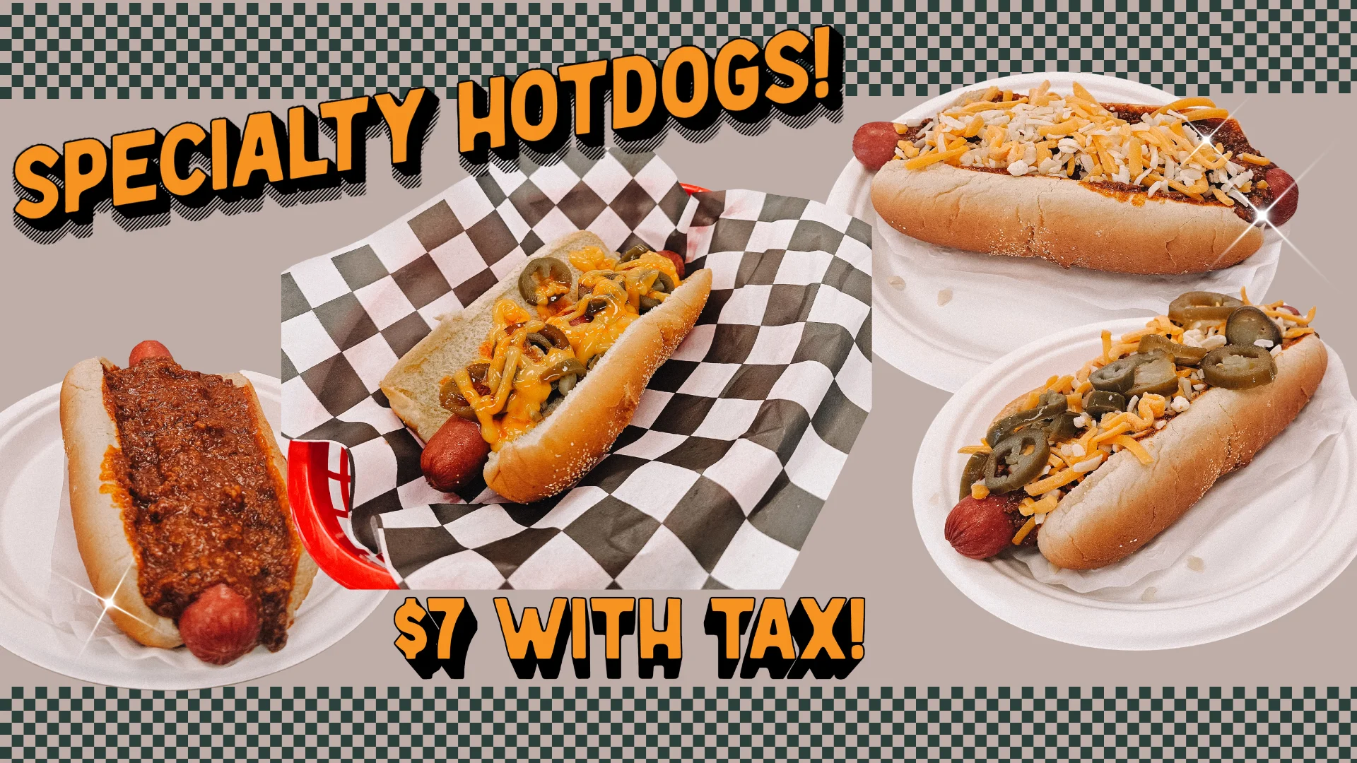 Specialty hotdogs served with toppings