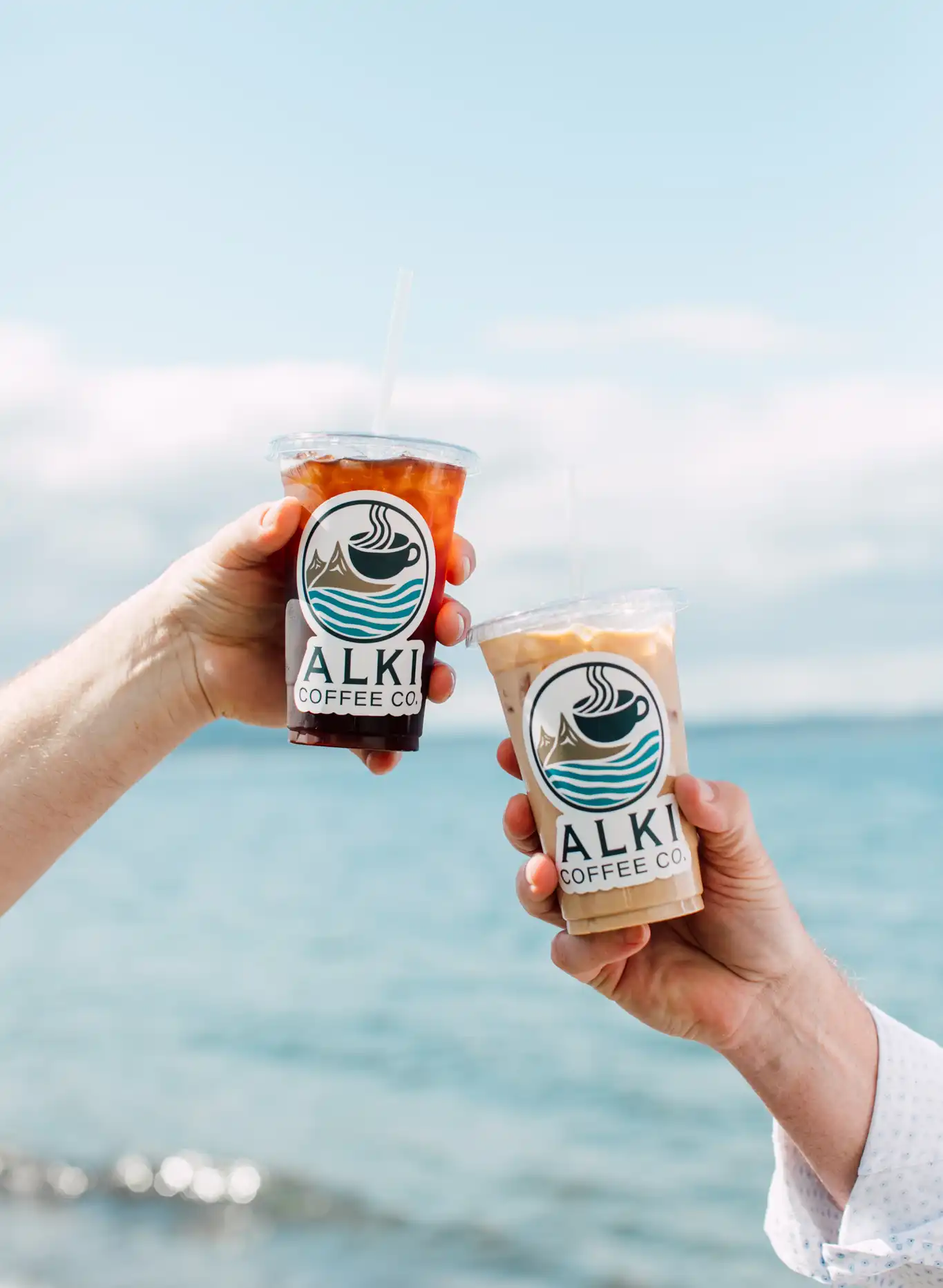 Alki Coffee Co. logo featuring a minimalist design of a steaming coffee cup with two brown mountain peaks in the background and blue waves in the foreground, all enclosed in a circular frame.