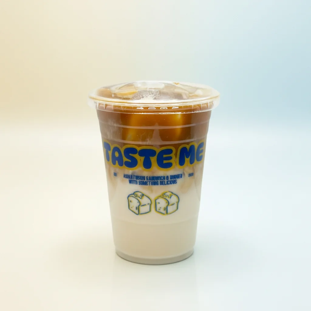 A cup of iced coffee with a layered appearance, showcasing a mix of milk and coffee on a light background.