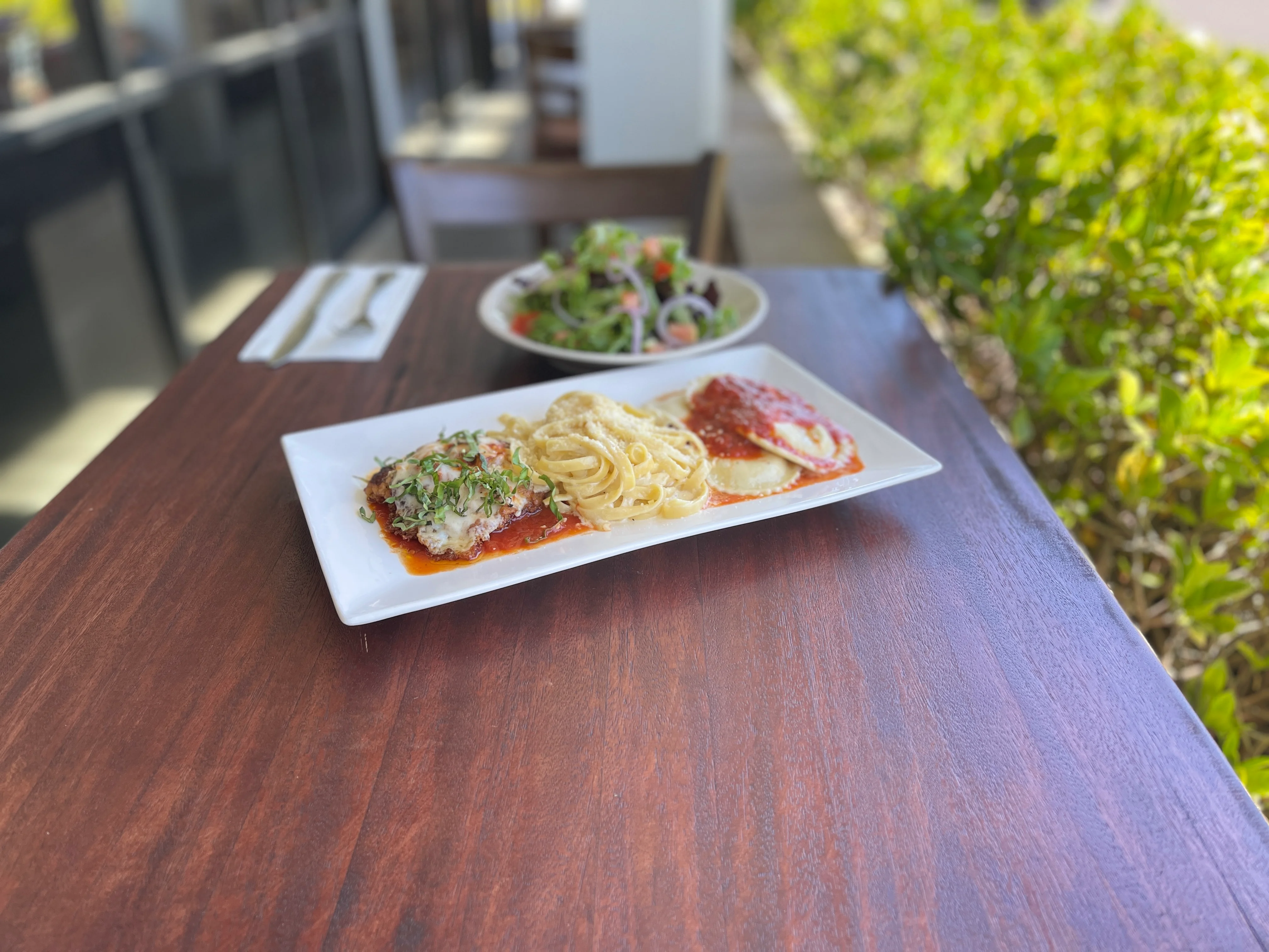 Pasta Trio, Lasagna, Fettucine Alfredo and Creamy Pesto Rigatoni