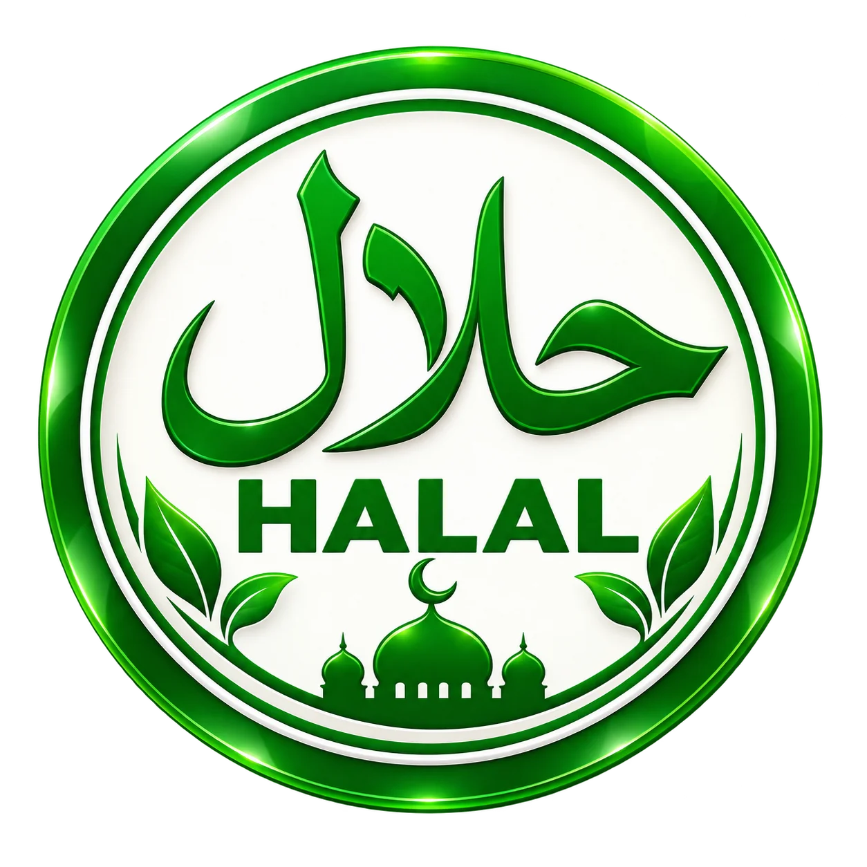 Halal certification logo with green accents and mosque imagery