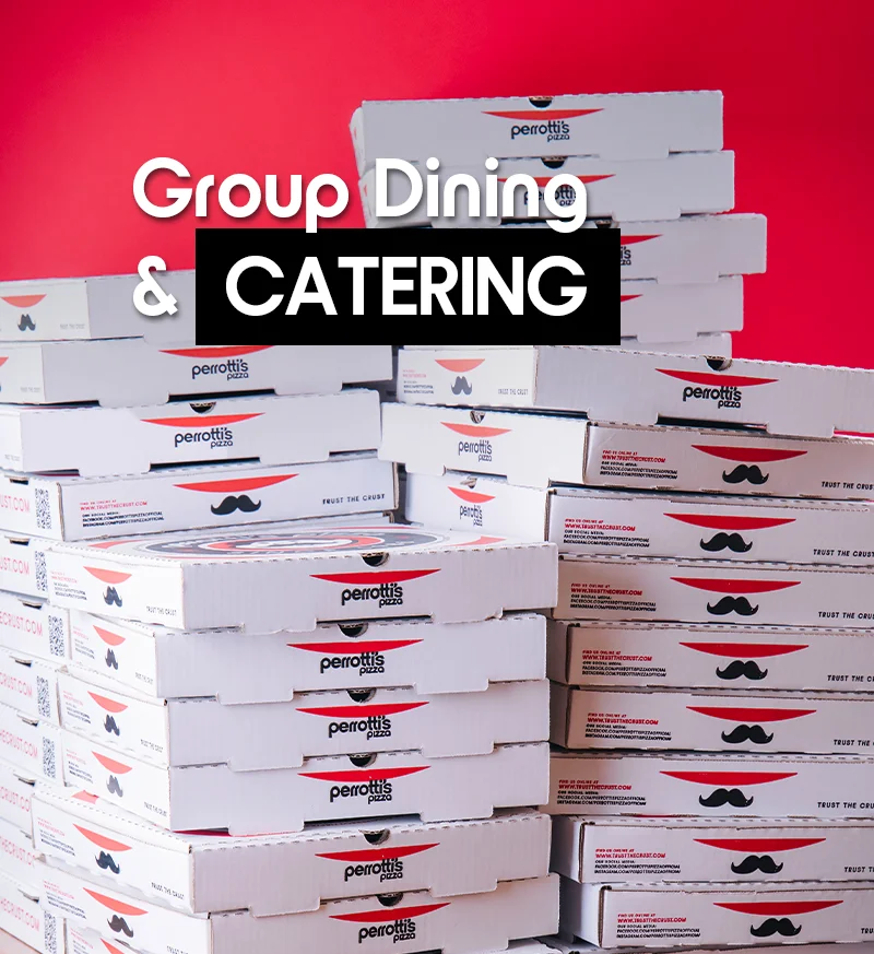 Stack of pizza boxes for group dining and catering