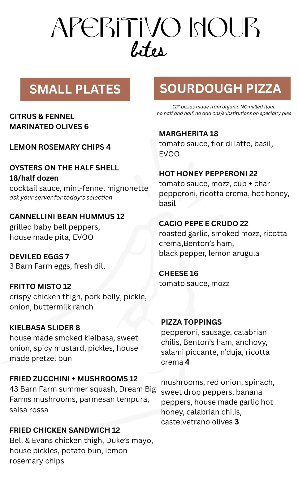 Aperitivo hour menu featuring small plates and sourdough pizzas
