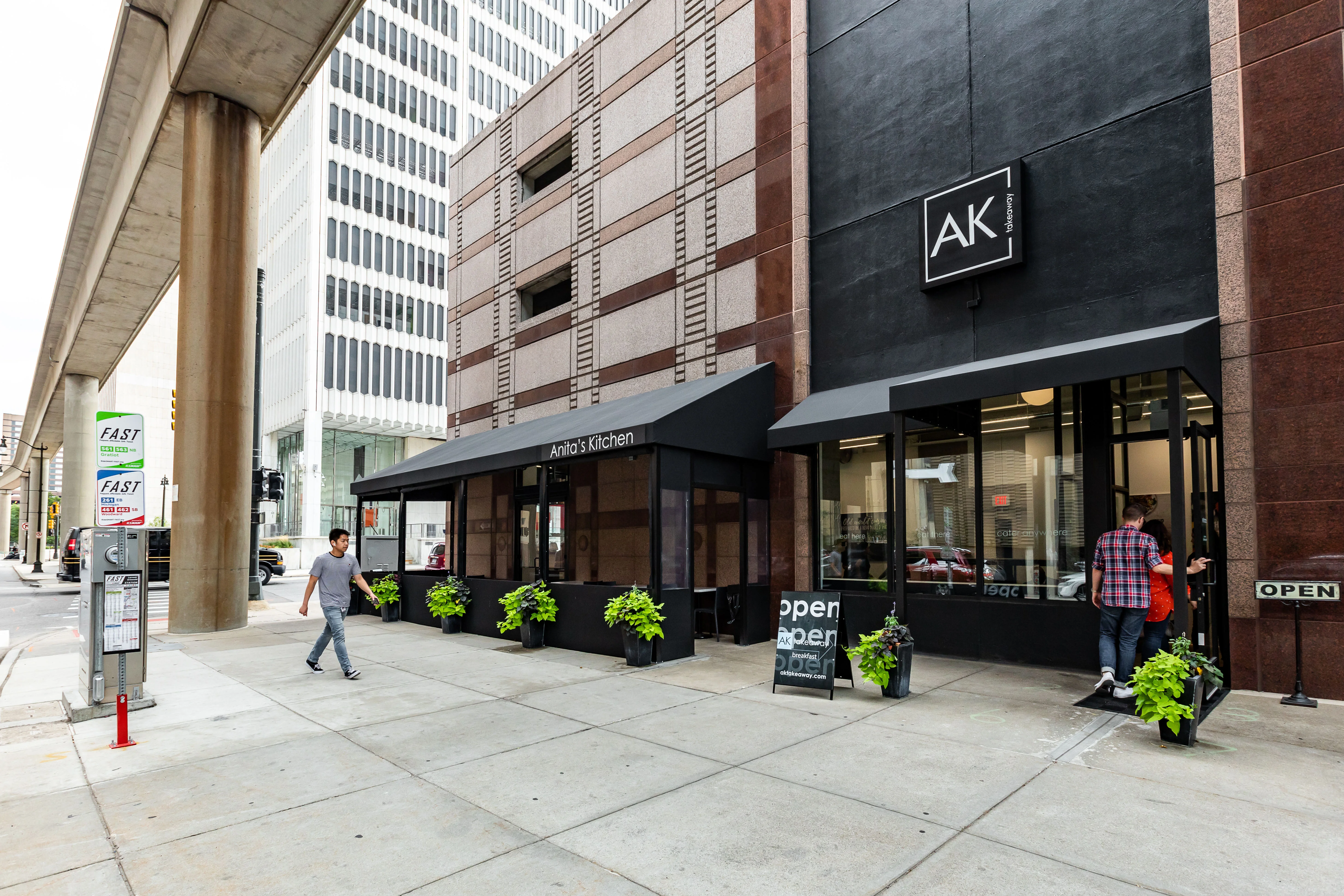 Modern restaurant exterior with stylish signage