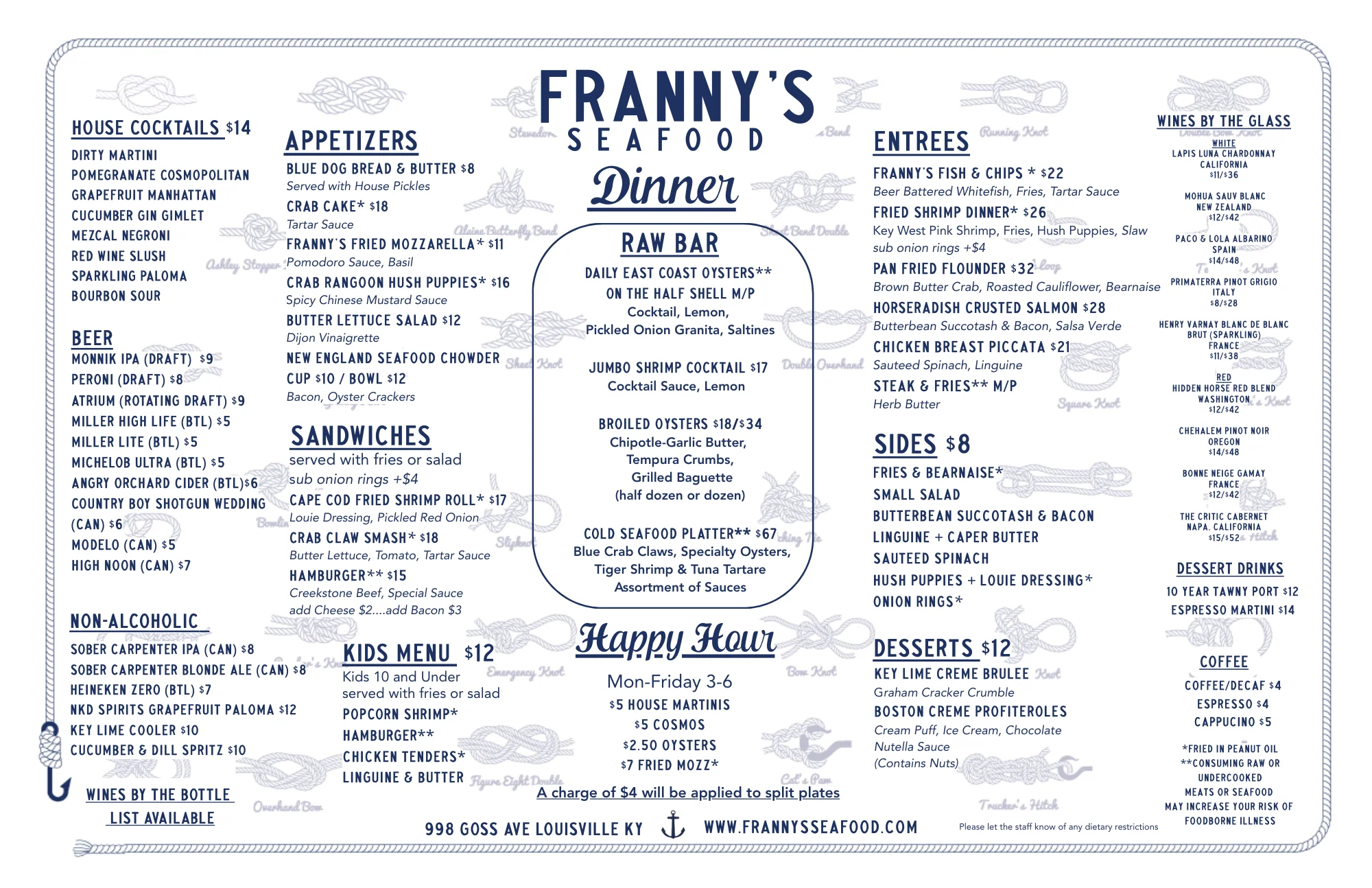 Seafood dinner menu featuring various dishes and drinks