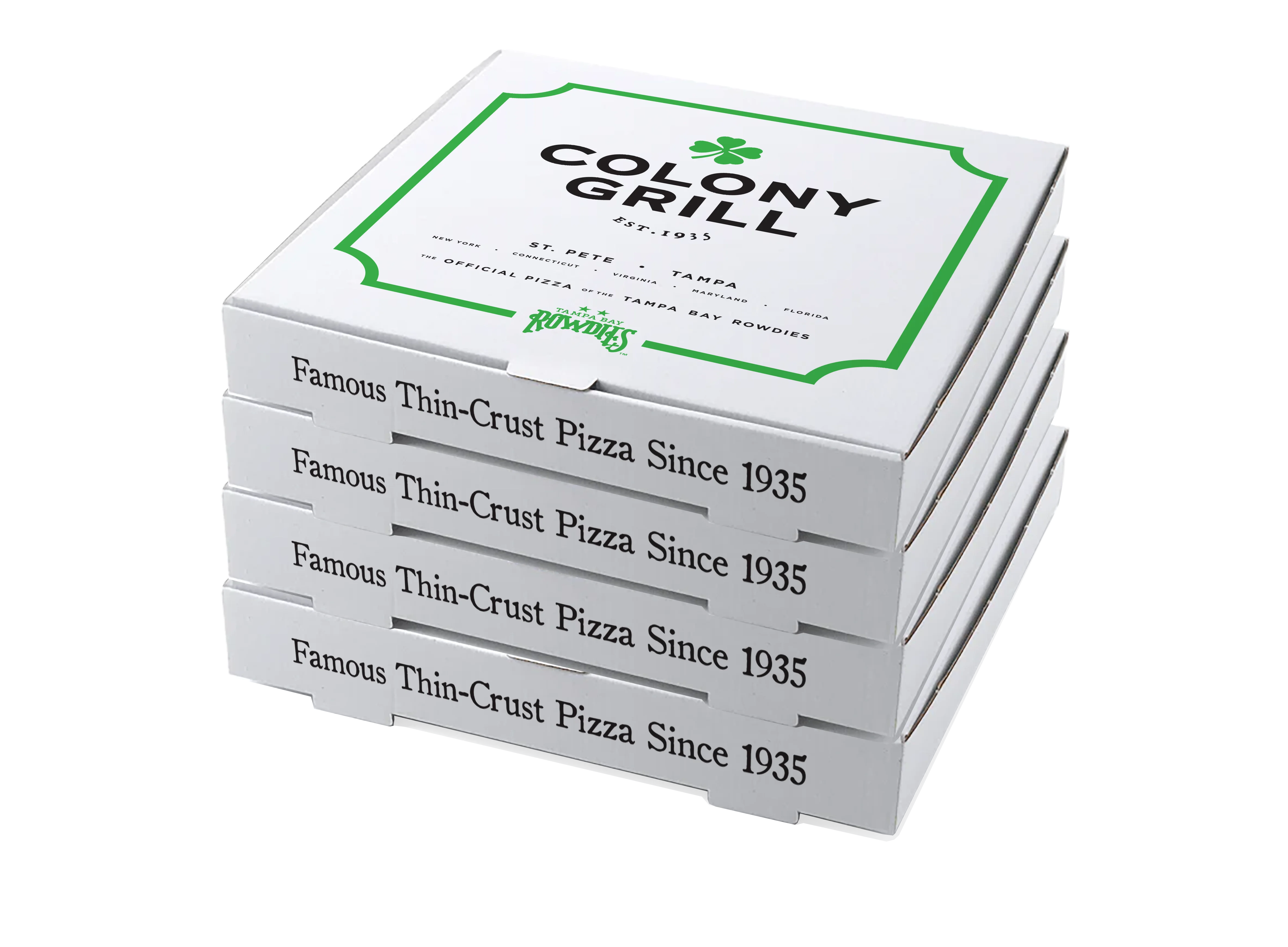 Stack of Colony Grill pizza boxes featuring thin-crust pizza
