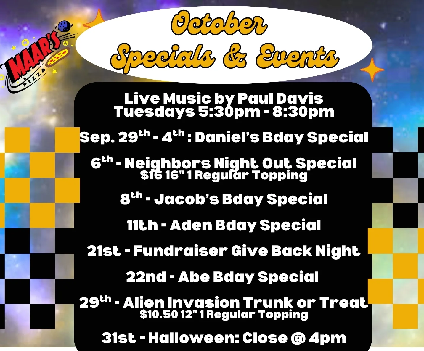 September events and specials at Maar's Pizza restaurant