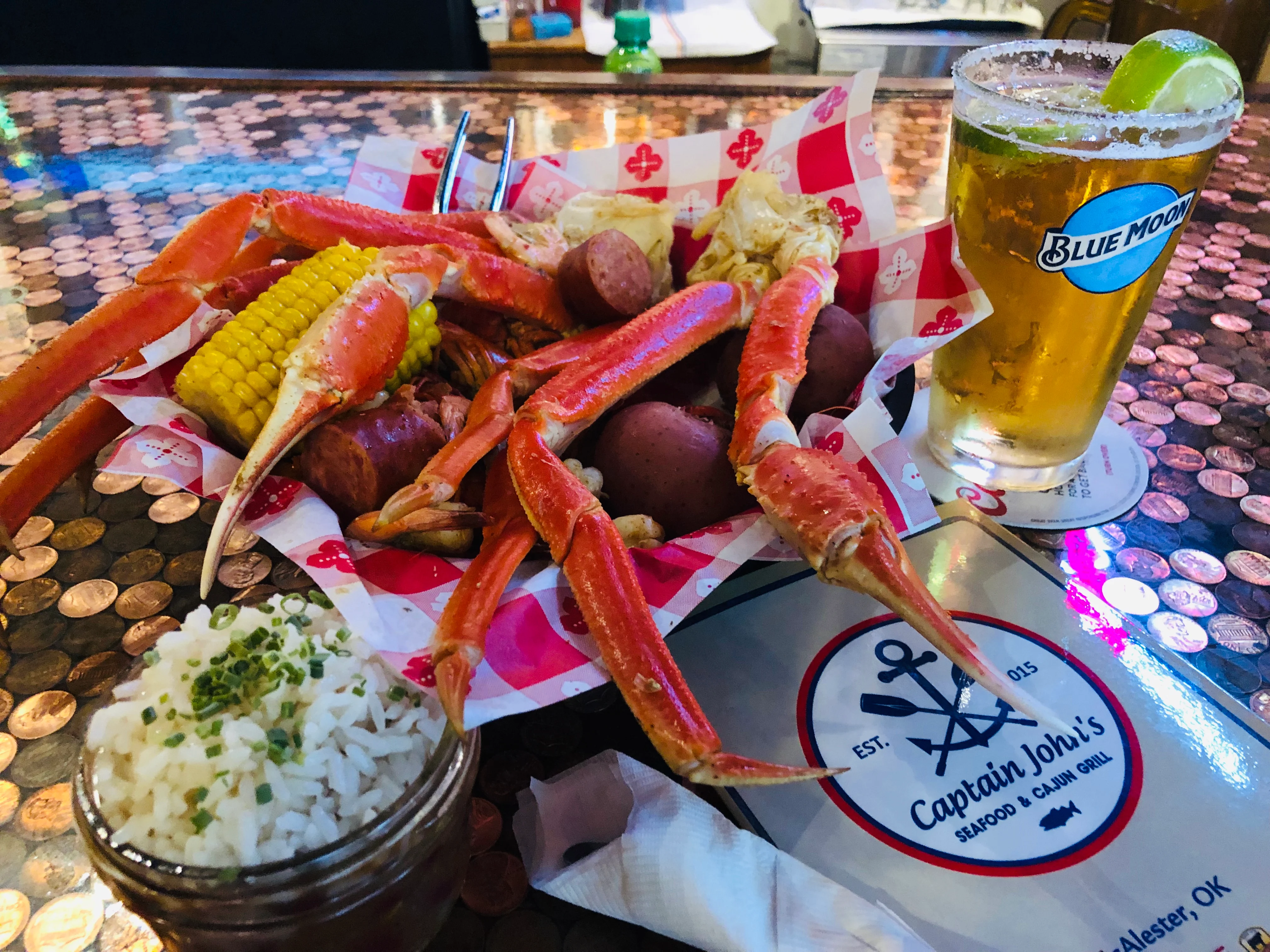 Cajun seafood boil with crab, corn, and potatoes