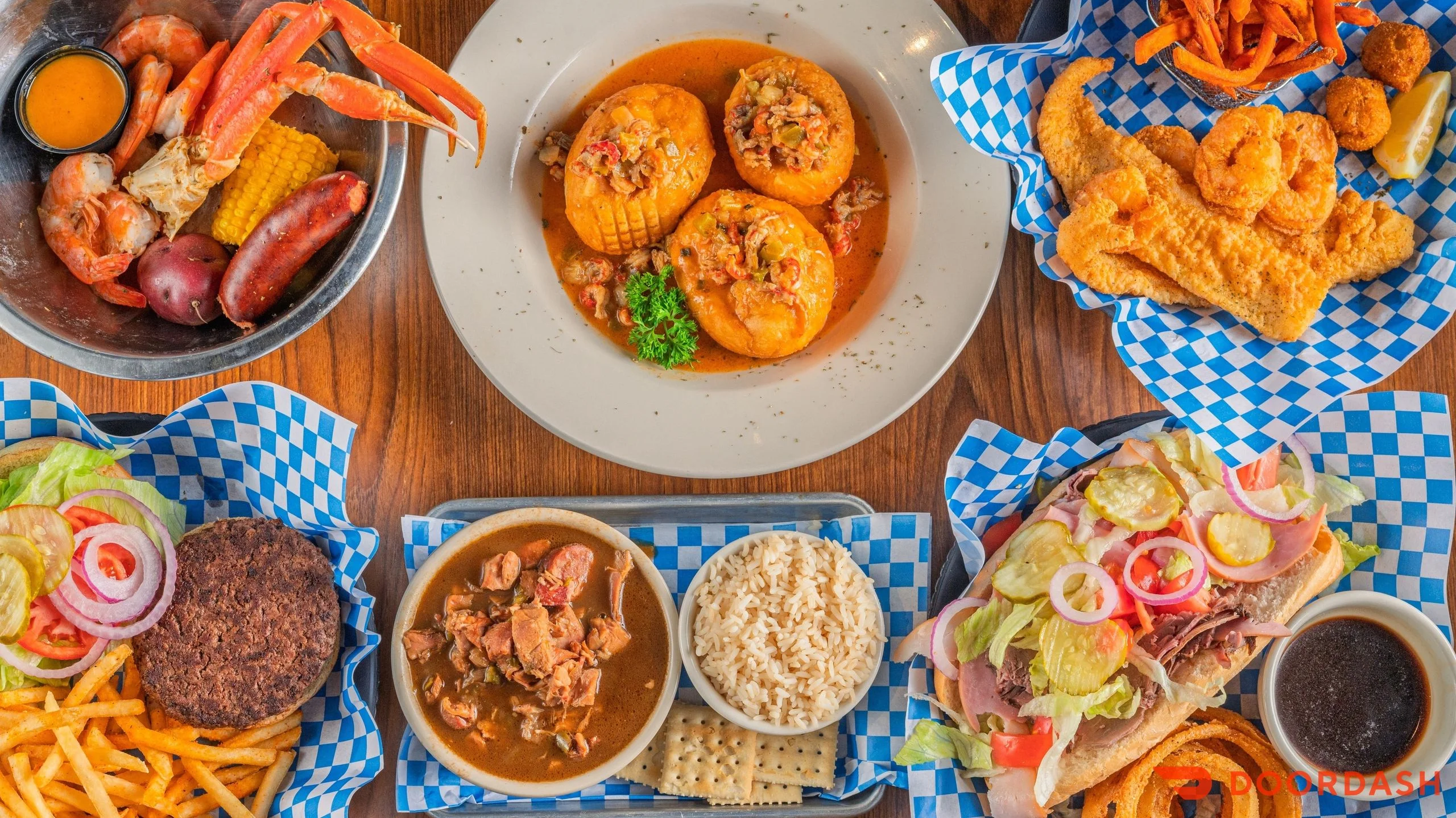 Southern seafood boil with crab, shrimp, and sausage