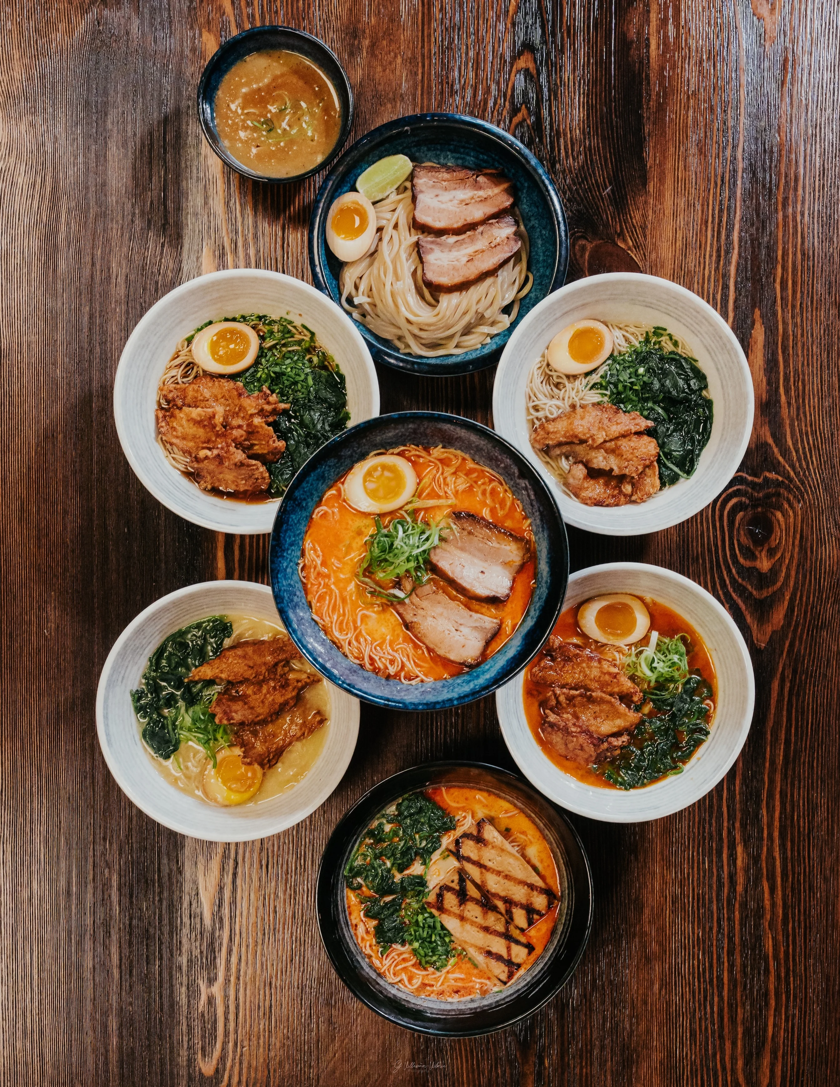Assorted Japanese ramen bowls with toppings
