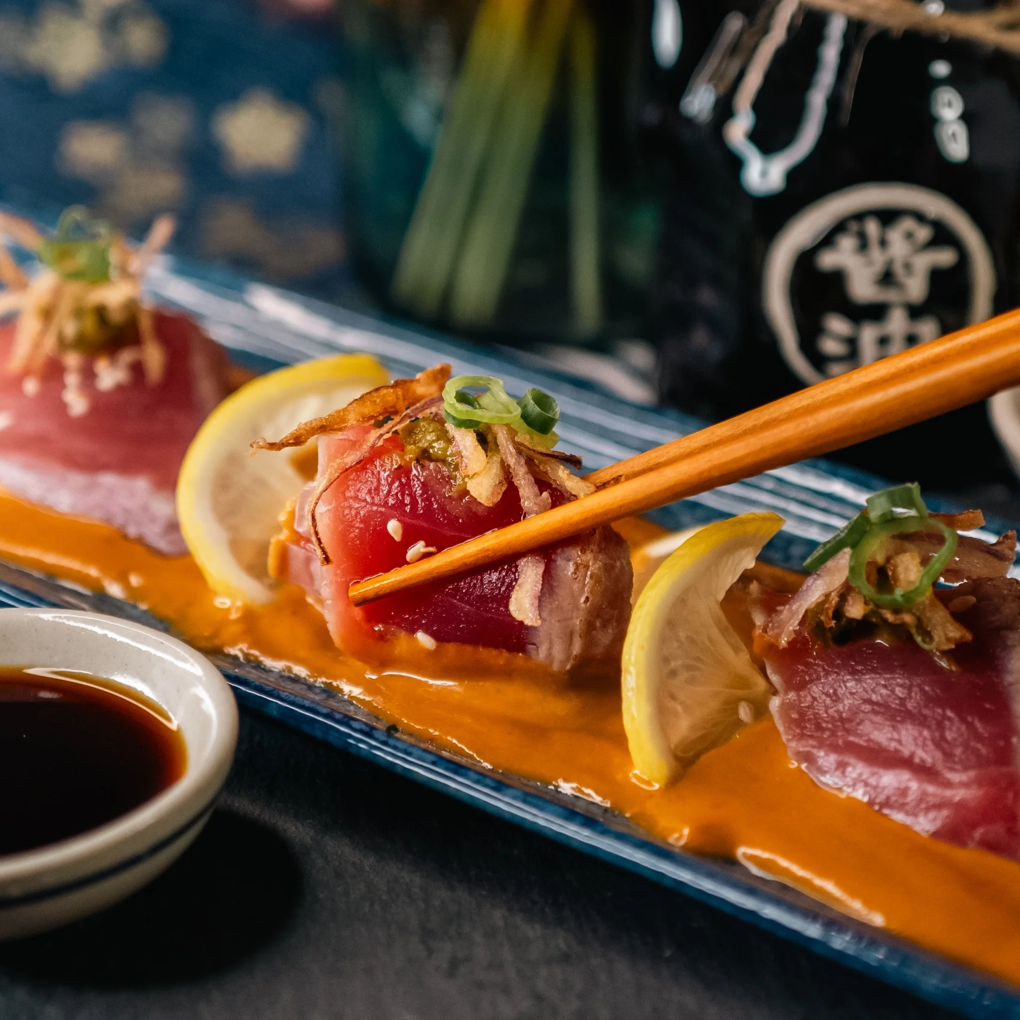 Japanese seared tuna sashimi with citrus sauce