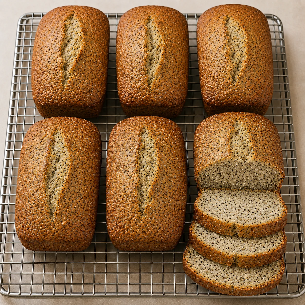 Freshly baked poppy seed bread loaves on a cooling rack