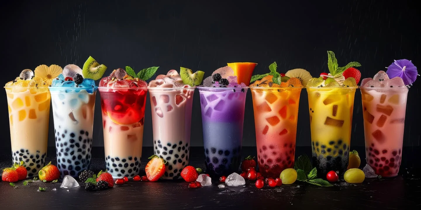 Colorful bubble tea drinks with fruit toppings