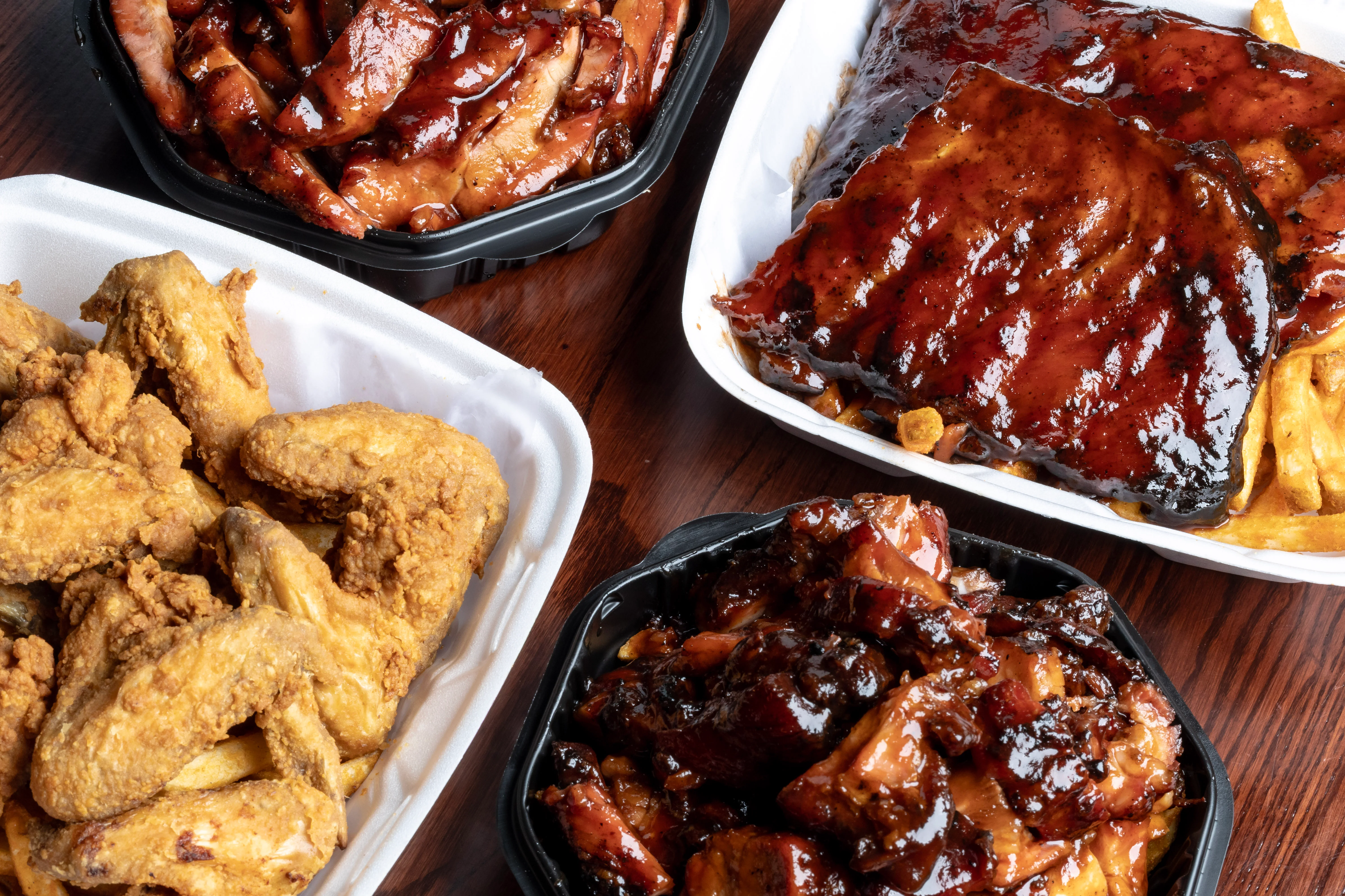 Delicious BBQ ribs and golden fried chicken wings.