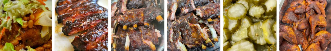 Savory barbecue ribs served with pickles and sides