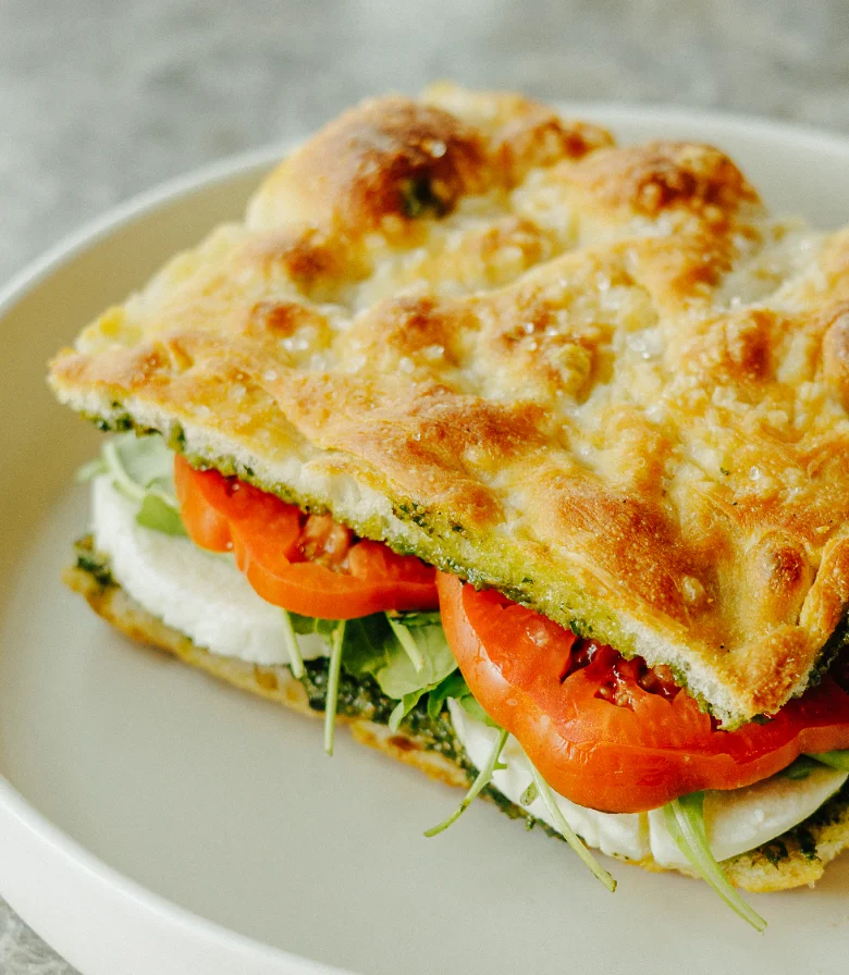 Italian focaccia sandwich with fresh vegetables