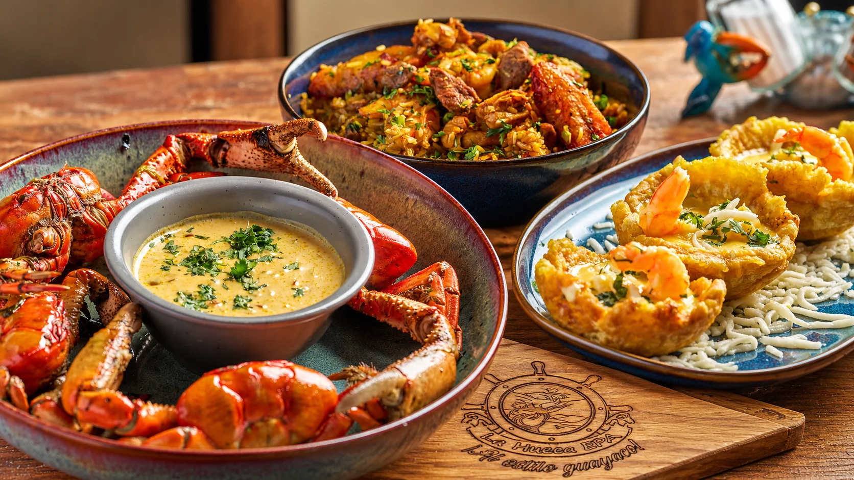 Delicious seafood platter featuring lobster, rice, and shrimp tostones