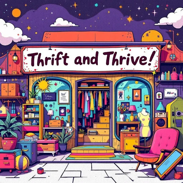 Colorful thrift store exterior with vintage items and clothing