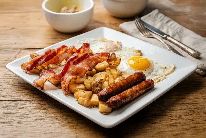 A platter featuring a mix of savory items, including slices of sausage, crispy fried pieces, and round cornmeal cakes, accompanied by dipping sauces.