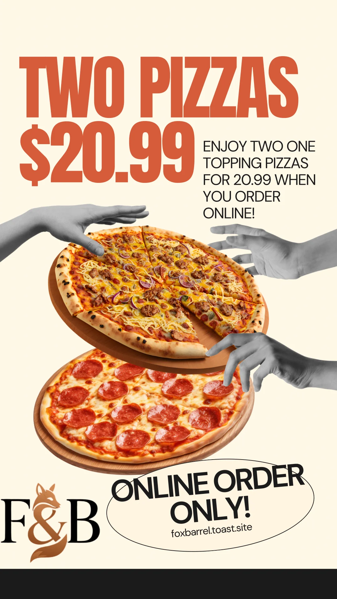 Two one-topping pizzas for online order special