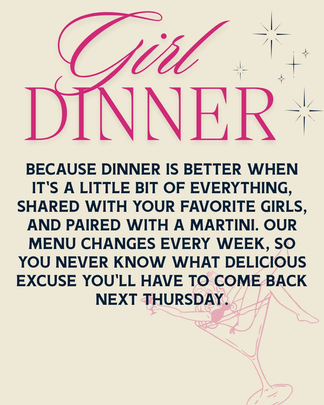 Promotional graphic for a girls' dinner event with martinis