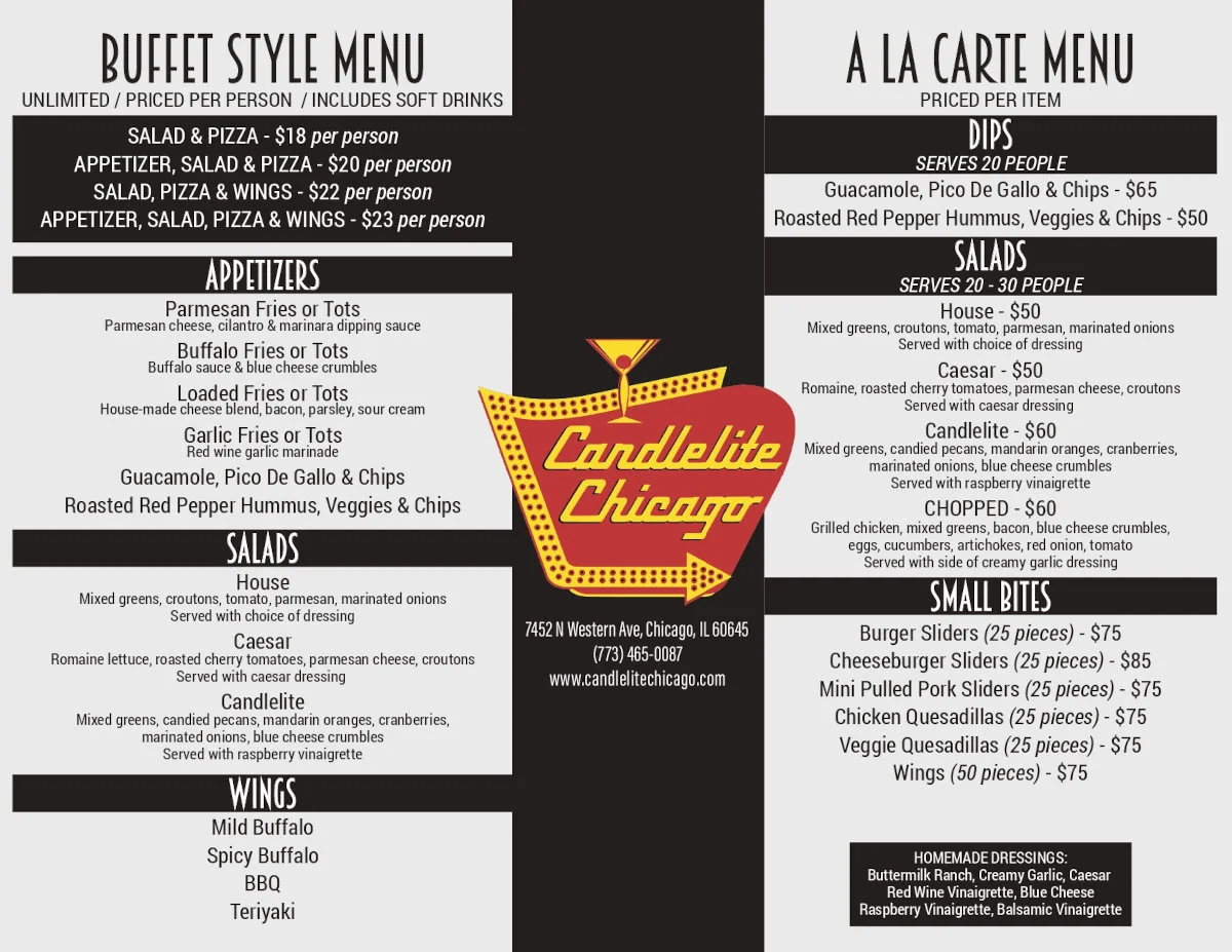 Buffet menu featuring pizza, wings, and salads at a Chicago restaurant