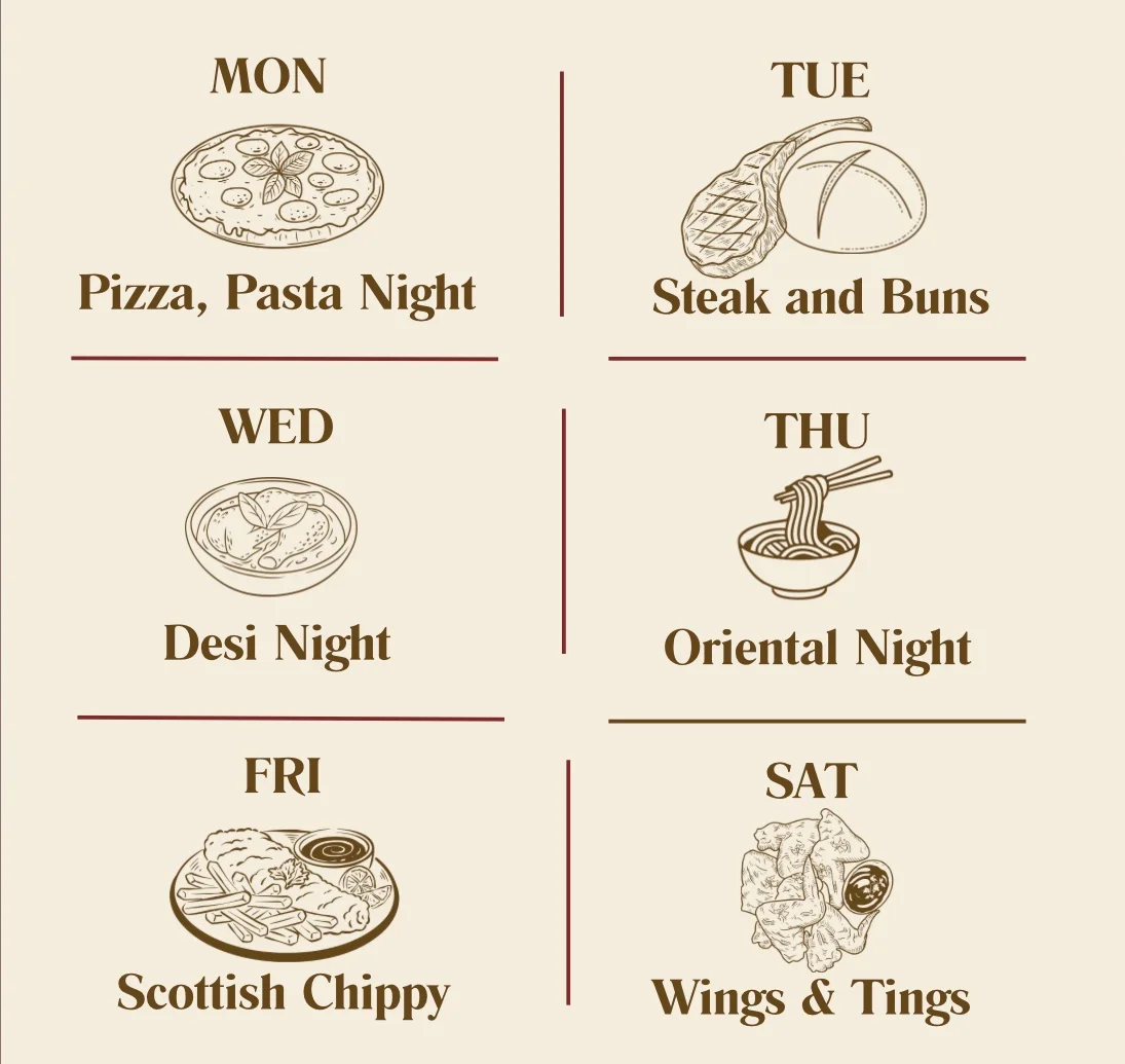 Daily specials menu with themed nights for each day of the week.
