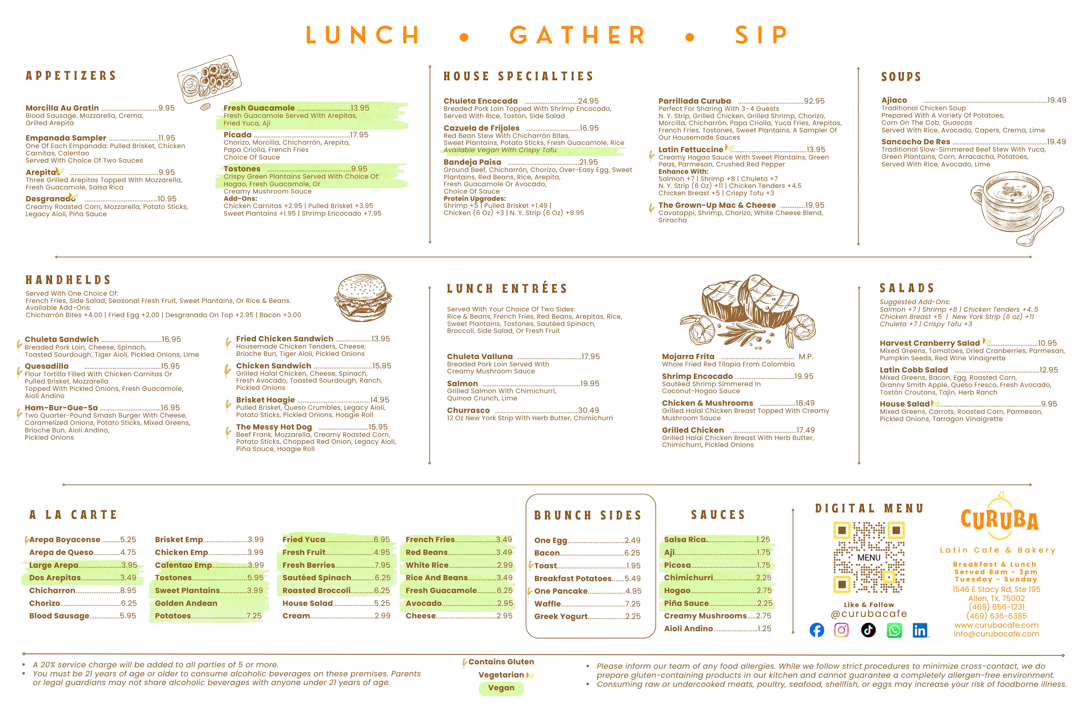 Digital Latin café brunch menu with Colombian-inspired dishes and restaurant branding
