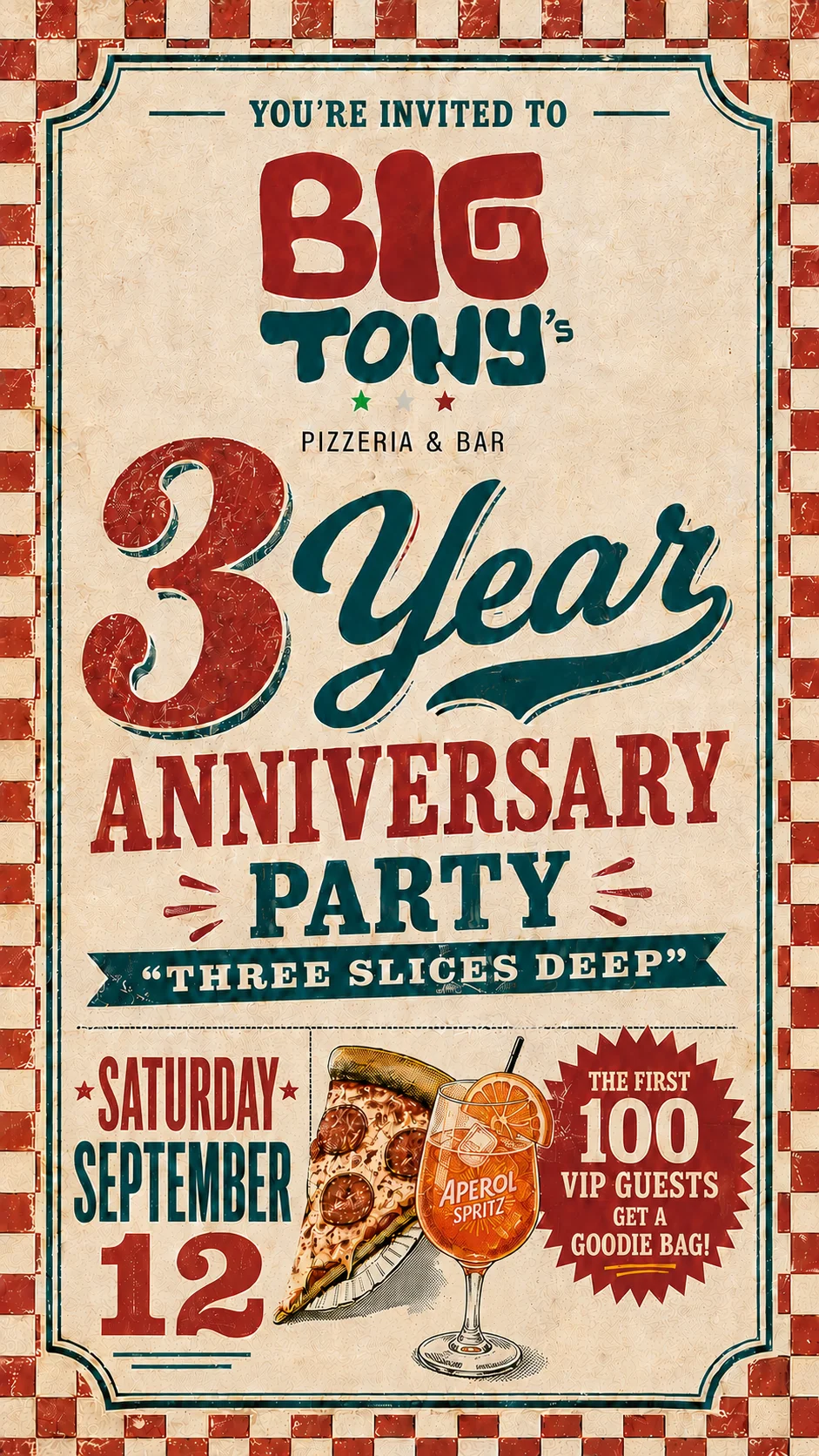 Invitation to Big Tony's 3 Year Anniversary Party with pizza and cocktails