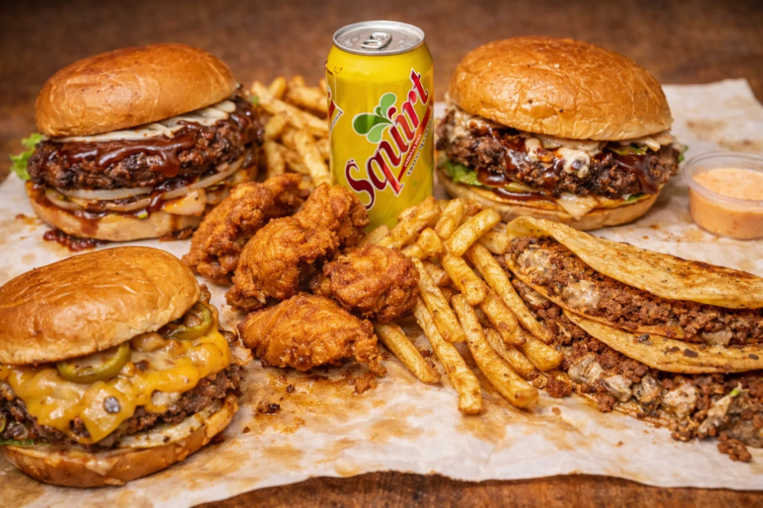 Assorted American burgers, fried chicken, and fries with a soda