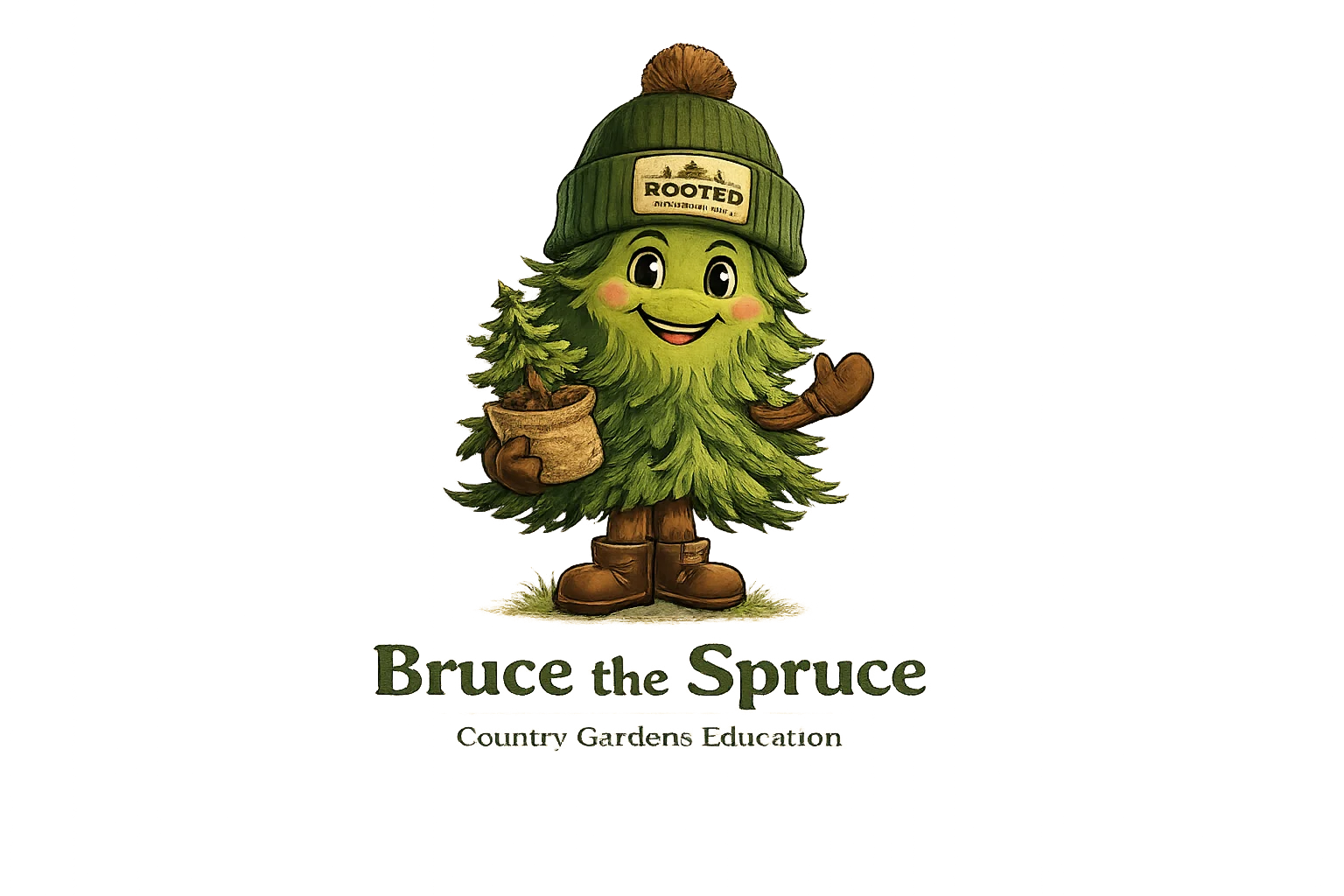 Cartoon character Bruce the Spruce promoting gardening education