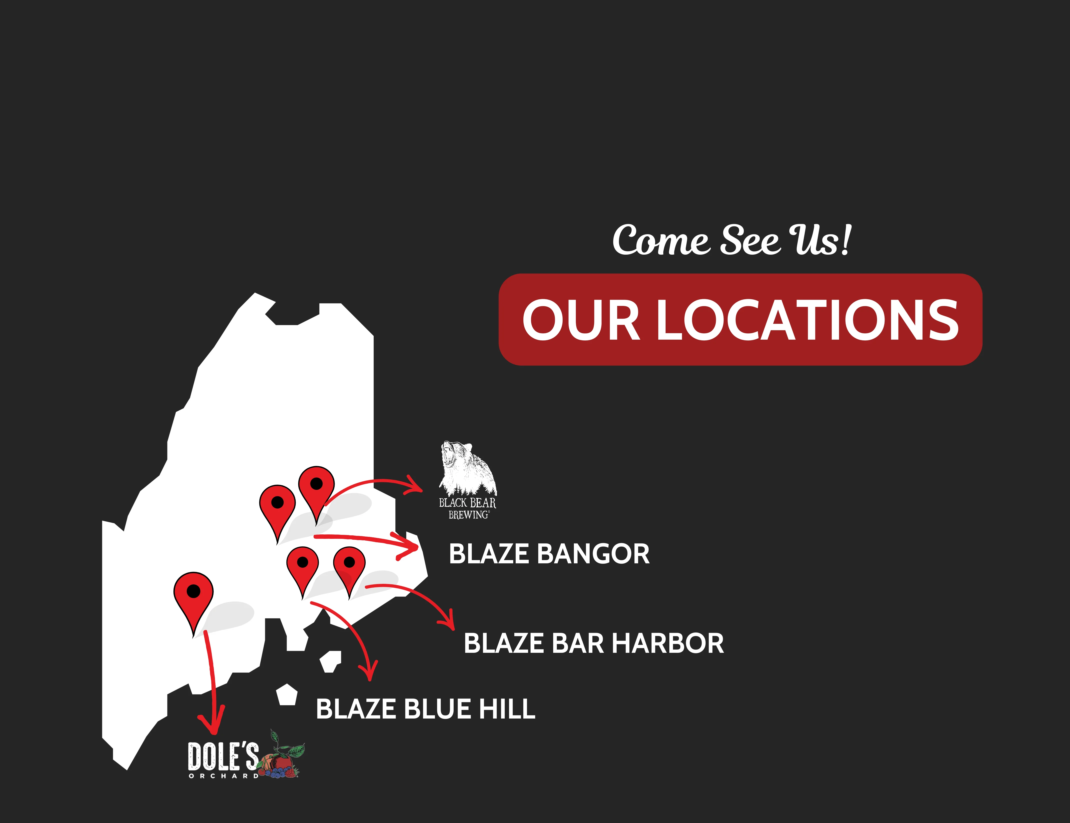 Map of restaurant locations in Maine with highlighted spots