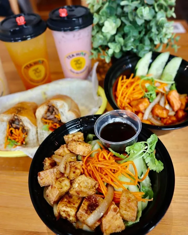 Vietnamese rice bowl with grilled tofu and fresh vegetables
