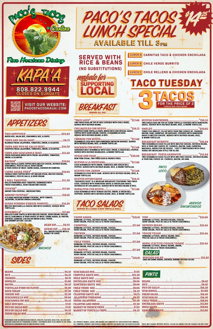 Kapaa Menu