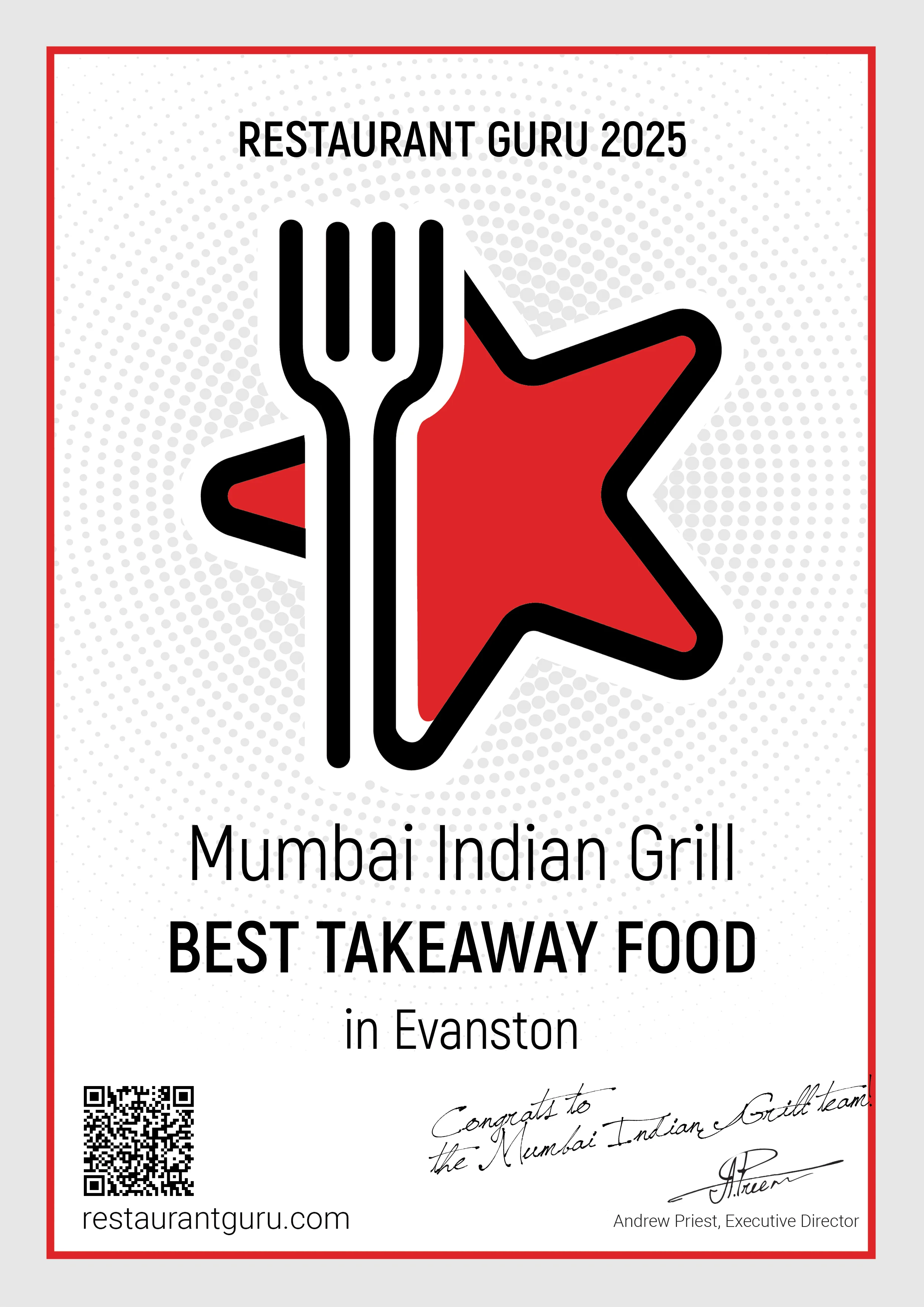 Award certificate for best takeaway food in Evanston