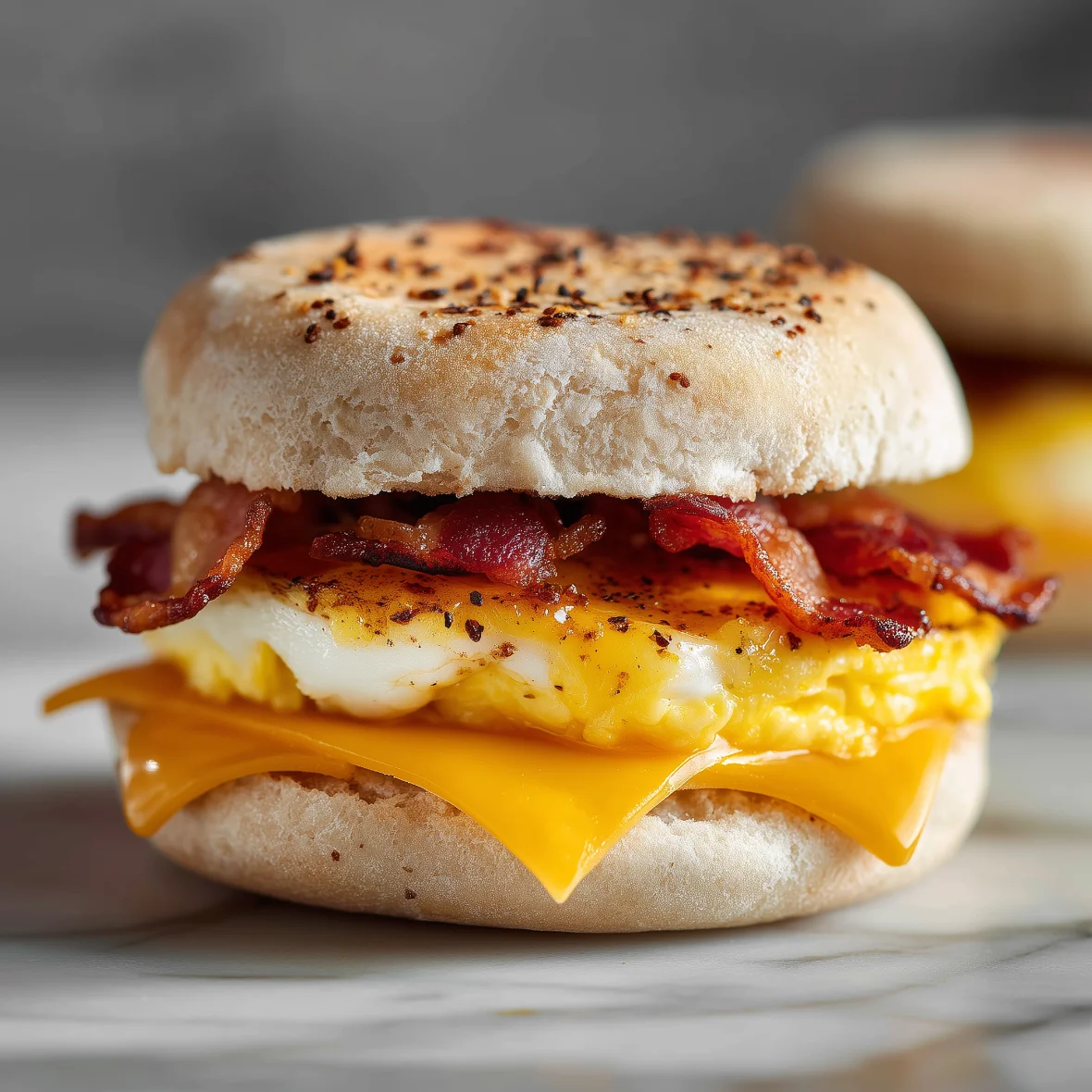 Best bacon egg & cheese breakfast sandwich—crispy bacon, fluffy egg, melted cheddar on toasted English muffin at Allegheny Crepery, Hollidaysburg-Altoona PA