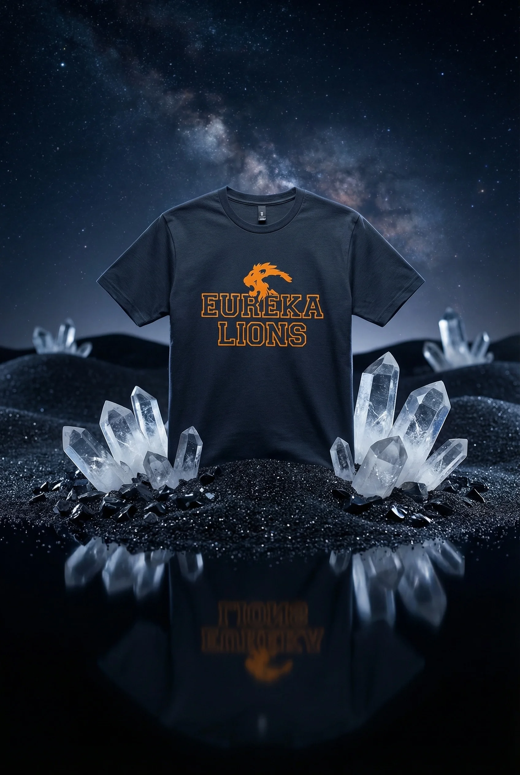 Eureka Lions t-shirt displayed with crystals in a cosmic setting
