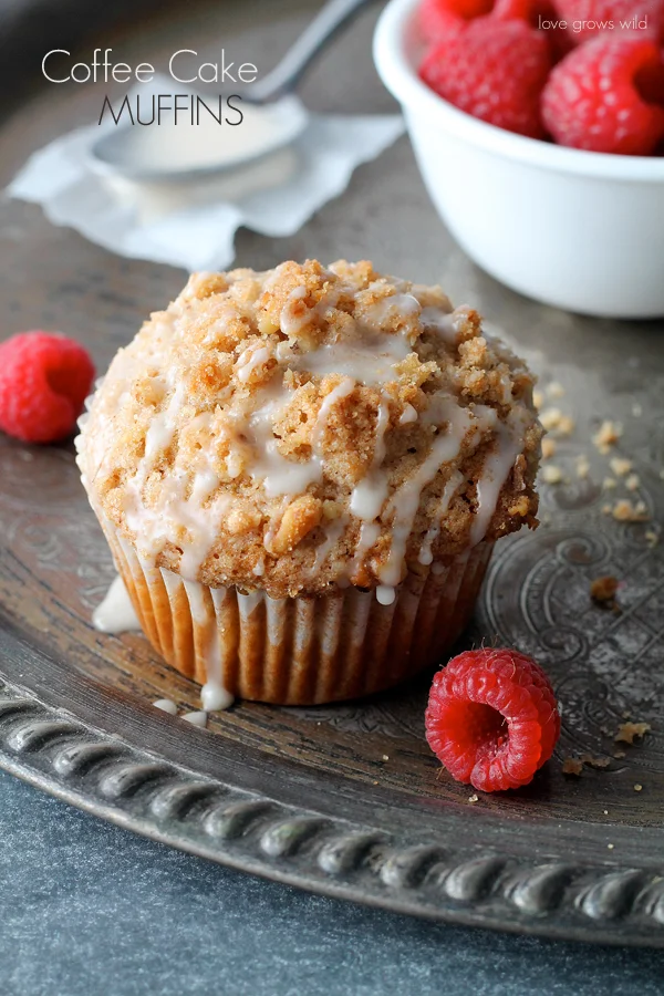 Delicious coffee cake muffin with crumb topping and glaze