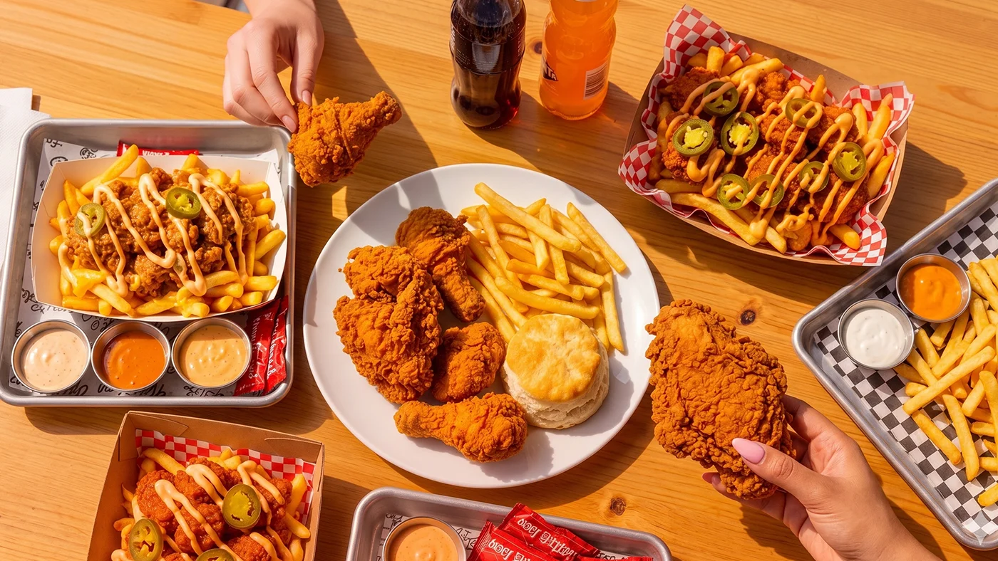 Southern fried chicken with fries and spicy loaded fries in a casual dining setting
