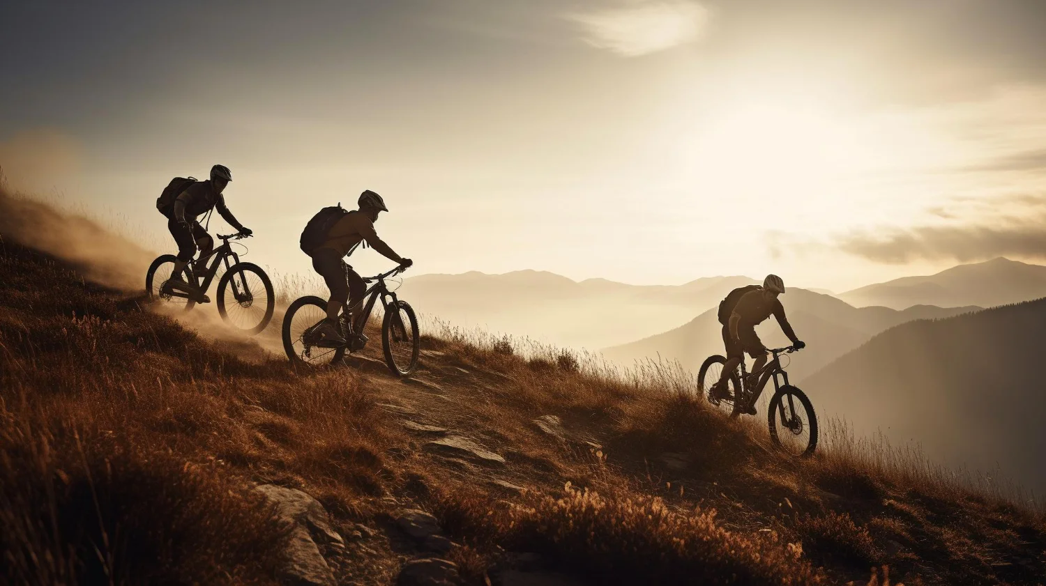 Group mountain biking at sunset