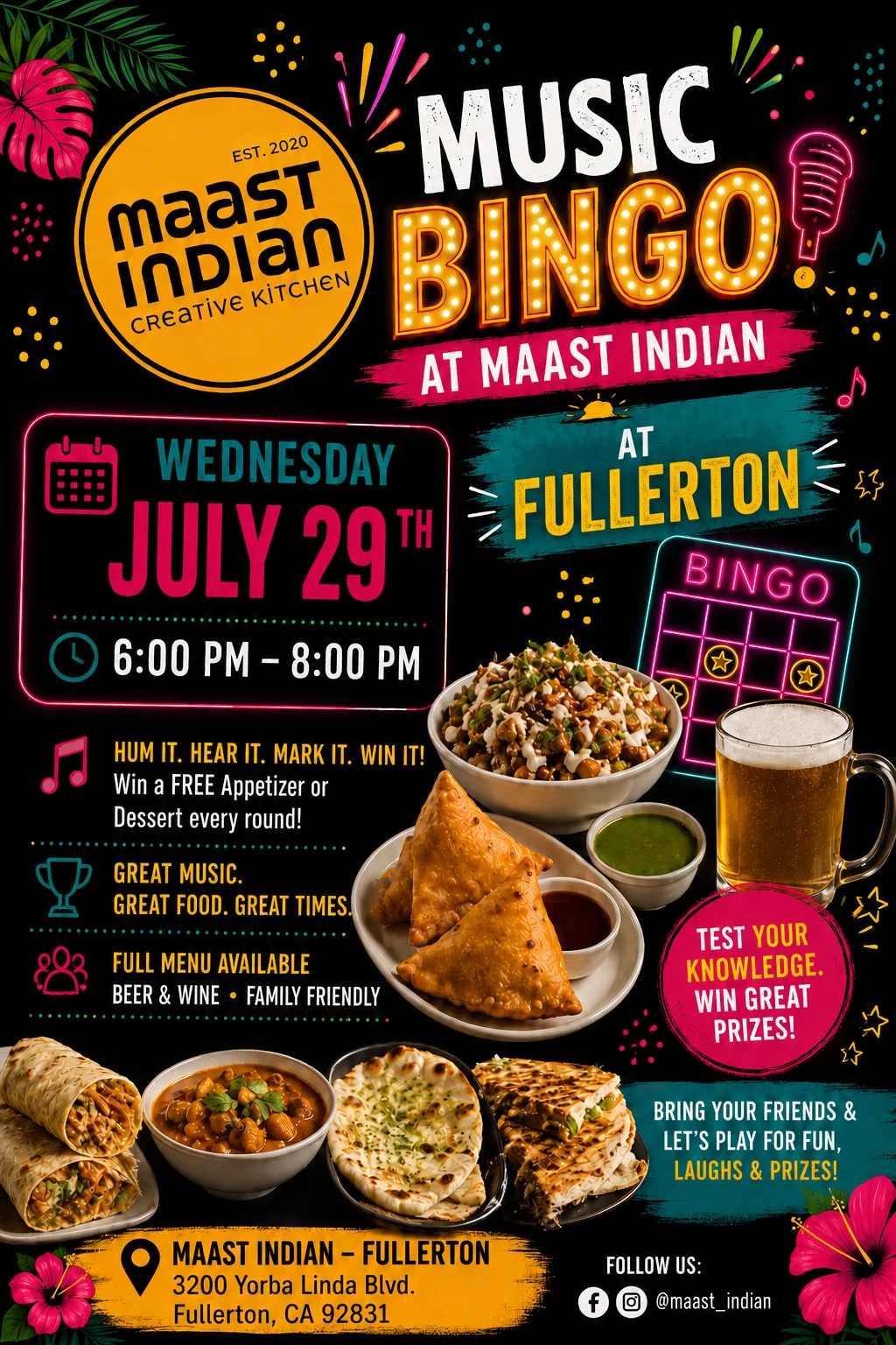 Exciting Music Bingo event at Maast Indian restaurant in Fullerton