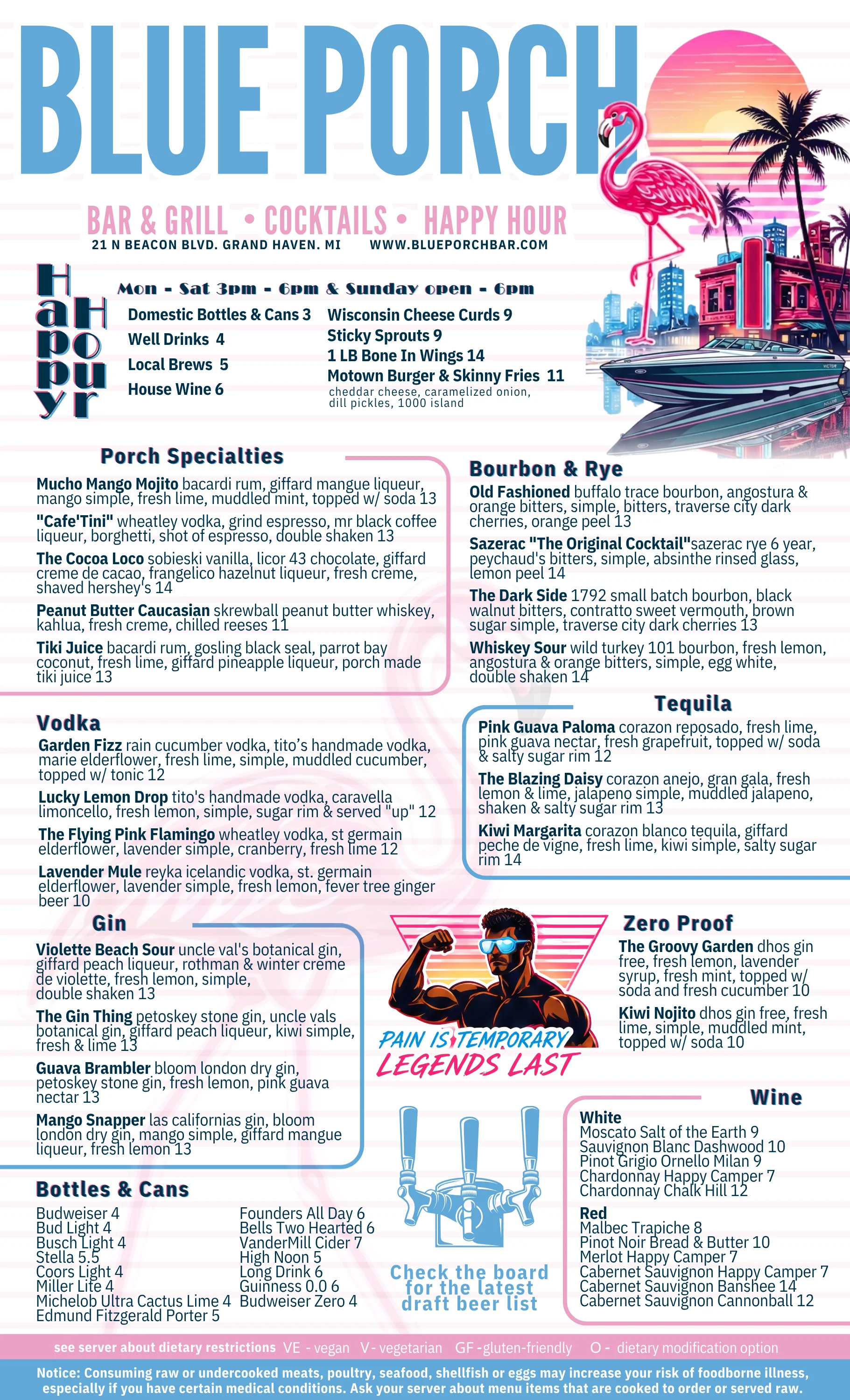 Menu for Blue Porch Bar & Grill featuring drinks and food specials.