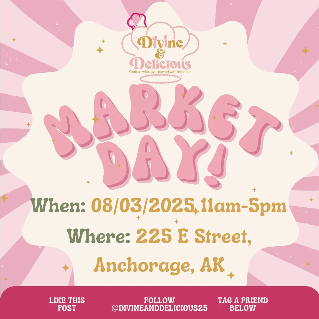 A colorful flyer announcing a market day event with details including date, time, and location in Anchorage, AK.