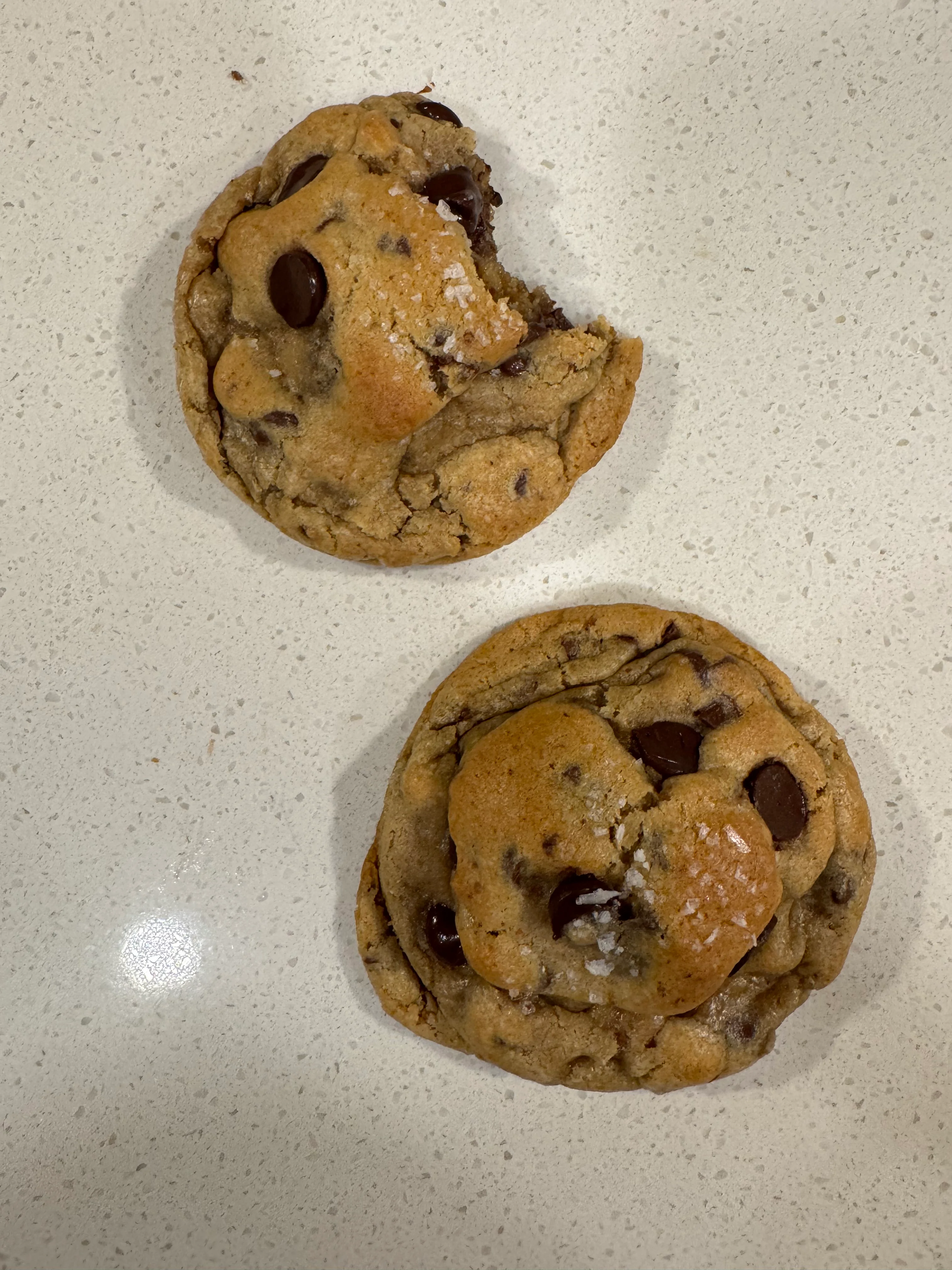 Freshly baked chocolate chip cookie with sea salt
