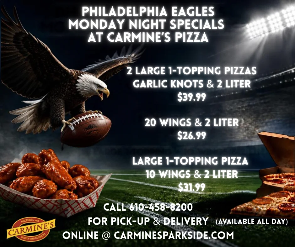 Philadelphia Eagles themed pizza night specials at Carmine's Pizza